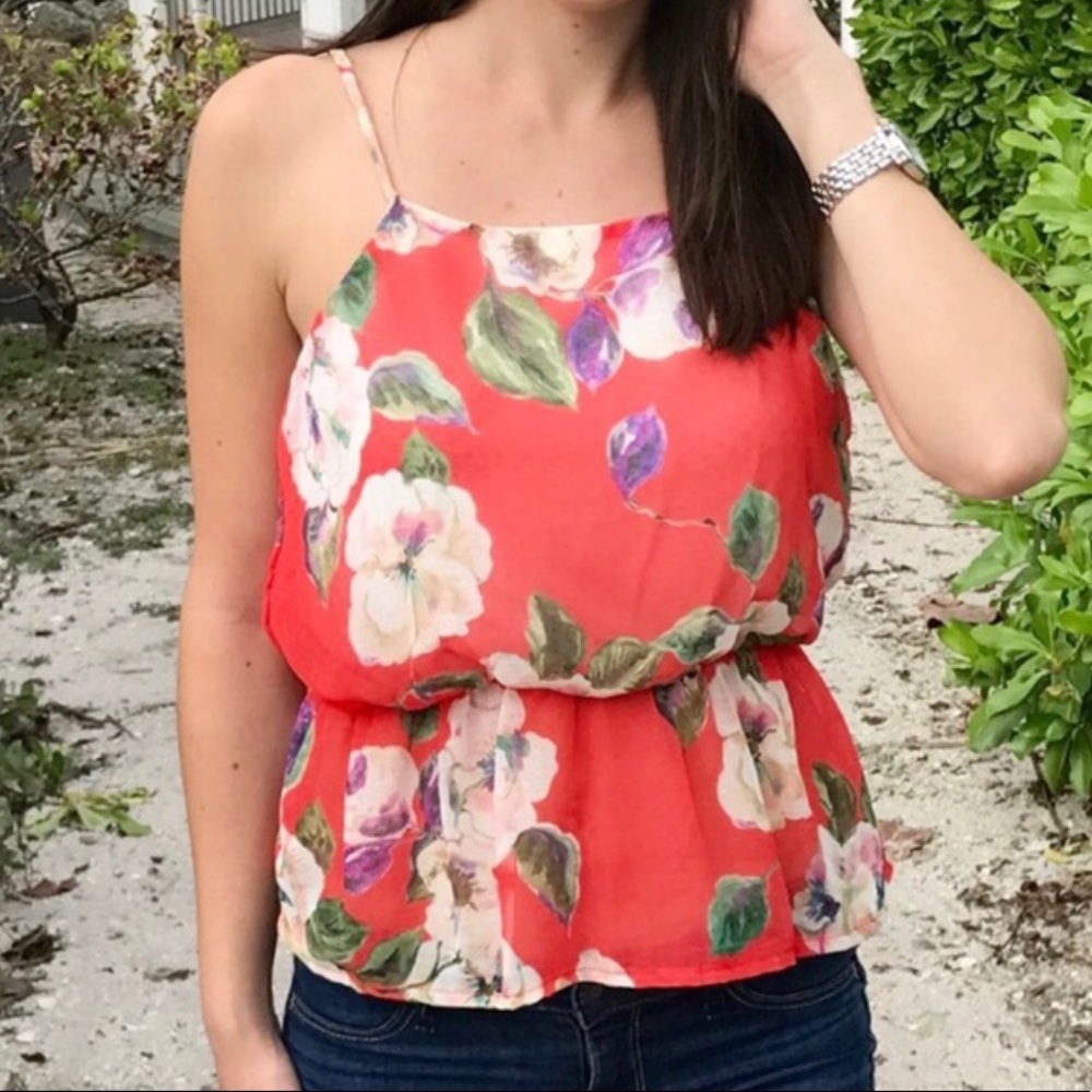 A3 Design Floral Peplum Top Size S Spaghetti Straps Coral Cami Tank Made In USA - Picture 2 of 7